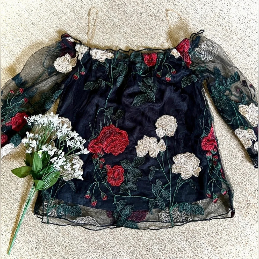 Charlotte Russe Sheer Floral Off Shoulder Blouse - XS - Picture 1 of 5